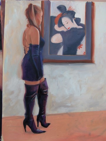 girl with black boots and geisha painting