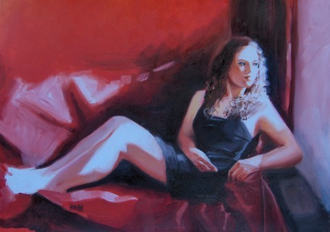 girl on red sofa