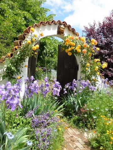 Arched entrance to garden with roses and iris'